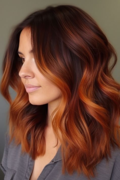 Immerse in the amber glow of autumn with an amber alcove accent. The beautiful amber color melt seamlessly transitions from a brunette base, providing a warm glow to your hair. Click here to check out more balayage hair colors for fall to upgrade your look. Hair Colors For Fall, Amber Hair, Rambut Brunette, Copper Hair Color, Hair Color Auburn, Trendy Hair Color, Upgrade Your Look, Summer Hair Color, Hair Color Balayage