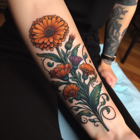 15 October Birth Flower Tattoo Ideas to Celebrate a Special Month October Flowers Tattoo, Calendula Flower Tattoo, Calendula Tattoo, Neo Traditional Flower Tattoo, October Tattoo Ideas, October Birth Flower Tattoo, October Tattoo, Birth Flower Tattoo Ideas, October Birth Flower