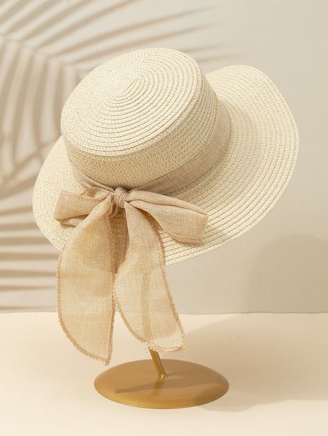 Beige Boho Collar  Paper Plain Straw Hat Embellished   Women Accessories Paper Plain, Diy Rope Basket, Couple Outfit Ideas, Beige Hat, Hat Decoration, Easter Bonnet, Beige Boho, Bow Decor, Tea Length Wedding Dress