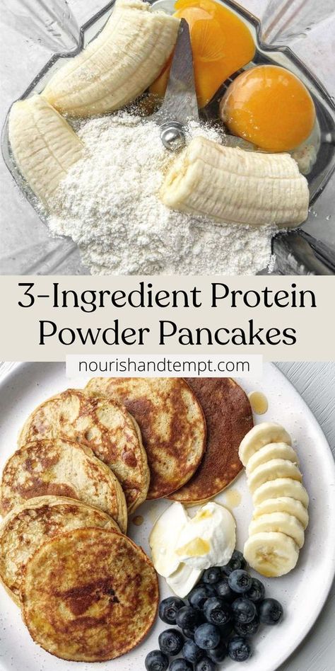 A quick and easy high protien pancake recipe featuring 3-ingredients - eggs, banana and protein powder. A finished stack serves up 30g+ protein! Fast Protein Breakfast Ideas, Banana Pancakes With Protein Powder, Protein Powder Easy Recipes, Healthy Low Cal Dinner Ideas, Banana Protein Pancakes 3 Ingredients, 3 Ingredient Protein Waffles, Protein Packed Pancakes, Iso Protein Powder Recipes, High Protein Breakfast Bariatric