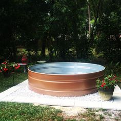 copper painted stock tank pool Tank Pool Ideas, Stock Tank Pool Ideas, Stock Pool, Pool Stairs, Galvanized Stock Tank, Stock Tank Swimming Pool, Tank Swimming Pool, Stock Pools, Tank Pools