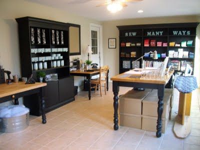 This is a sewing room, but I love the black painted furniture and all the organization. Ikea Sewing Rooms, Sewing Spaces, Sewing Room Design, Dream Craft Room, Craft Room Design, Sewing Room Organization, Scrapbook Room, Room Black, Up House