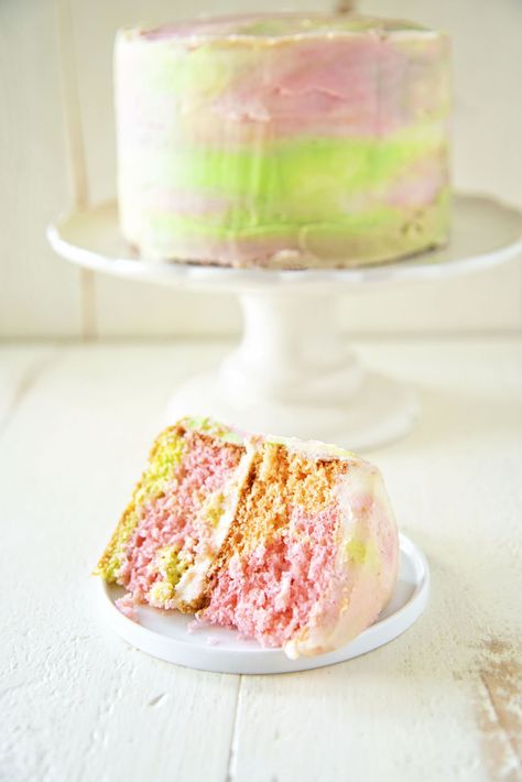 Rainbow Sherbet Layer Cake (rainbow sherbet swirled cake, brushed with melted rainbow sherbet, and topped with a colorful rainbow sherbet American buttercream frosting) Sherbet Cake, Betty Crocker Cake Mix, A Slice Of Cake, Swirl Cake, Slice Of Cake, Rainbow Sherbet, Dessert Cake Recipes, Pineapple Upside Down Cake, Summer Dessert Recipes