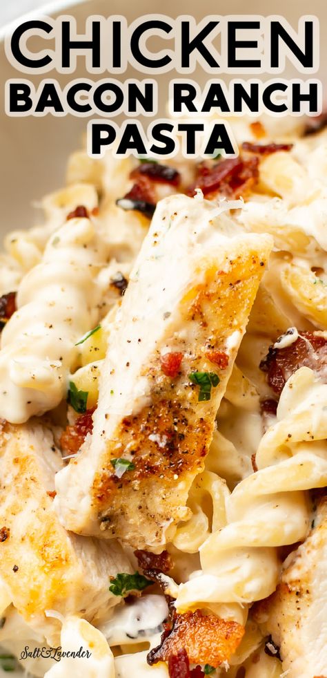 This creamy chicken bacon ranch pasta recipe is so comforting and cozy! The ranch cream sauce is addictive, and it's ready in only 30 minutes. Creamy Chicken Bacon Ranch Pasta, Chicken Bacon Alfredo, Bacon Ranch Pasta, Chicken Bacon Pasta, Bacon Dishes, Chicken Ranch Pasta, Chicken Bacon Ranch Pasta, Ranch Pasta, Recipes Oven