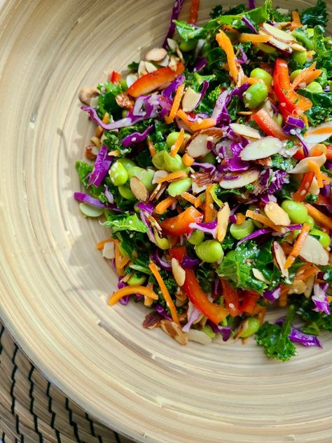 Edamame Kale Slaw with Orange Sesame Dressing Recipe With Edamame, Kale Slaw Recipe, Asian Kale, Farm Meals, Edamame Recipes, Kale Slaw, Julienned Carrots, Slaw Recipe, Sesame Dressing