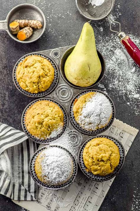 Tired of the same old muffins? Spice up your breakfast (or snack break) with these fragrant and unique ginger, turmeric pear muffins. #muffins #breakfast #recipe #turmeric #ginger #vegan Pear Muffins, Muffins Breakfast, Healthy Nutrition Plan, Vegan Muffins, Ginger Turmeric, Starters Recipes, Breakfast Recipe, Vegan Breakfast Recipes, Vegan Baking