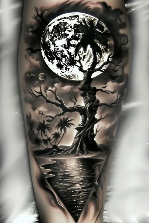 Tattoo idea: tattoo sketch The moon rises over a dense mangrove for 2 Mangrove Tattoo, Tree With Moon Tattoo, Mangrove Tree Tattoo, Waterfall Tattoo Ideas, Background Shading Tattoo Ideas, Scary Moon Tattoo, Scary Tree Tattoo, Forest With Moon Tattoo, Night Sky Tattoo