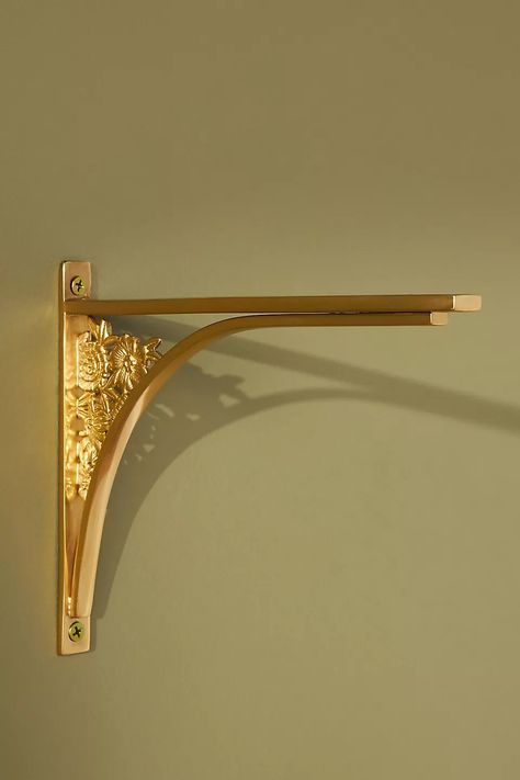 Blume Floral Shelf Bracket | AnthroLiving Shelf With Metal Bracket, Cute Shelf Brackets, Brass Floating Shelf, Brass Brackets For Shelves, Homeschool Closet, Shelves Above Desk, Round Doorway, Picture Rail Hanging, Gold Shelf Brackets