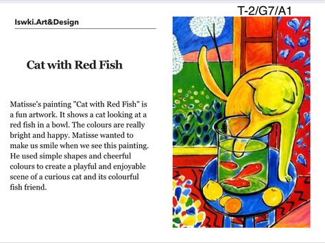 Matisse's painting "Cat with Red Fish" is a fun artwork. It shows a cat looking at a red fish in a bowl. The colors are really bright and happy. Matisse wanted to make us smile when we see this painting. He used simple shapes and cheerful colors to create a playful and enjoyable scene of a curious cat and its colorful fish friend. Fish In A Bowl, Fun Artwork, Matisse Paintings, Bow Art, Painting Cat, Curious Cat, Colorful Fish, Fish Bowl, Red Fish