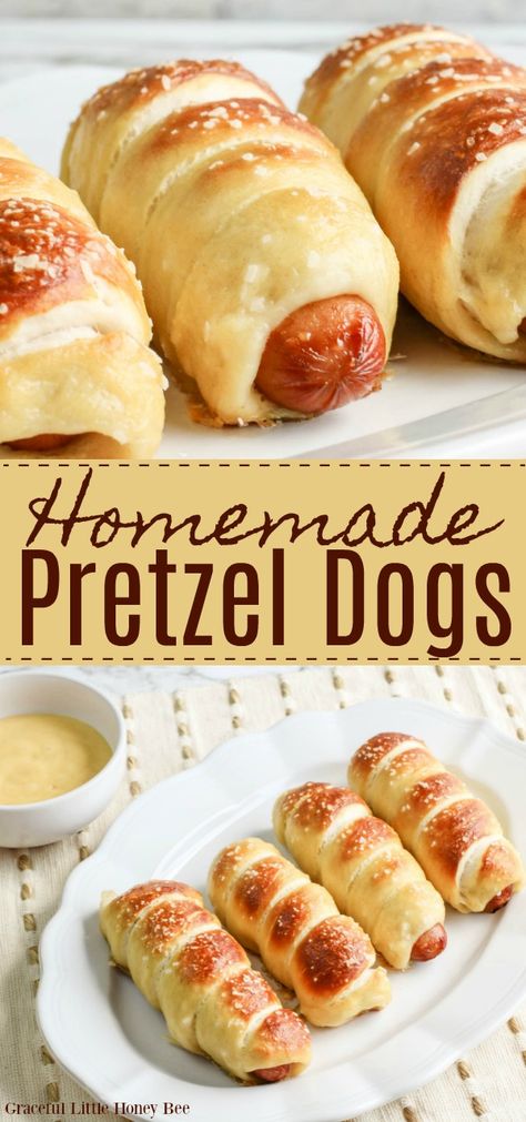 Make a batch of these Homemade Pretzel Dogs for an on the go meal that everyone will love! Find the recipe at gracefullittlehoneybee.com #pretzeldog #hotdog #softpretzels Pretzel Dog Bites, Hot Dog Pretzel Bites, Soft Pretzel Flavors, Homemade Pretzel Dogs, Pretzel Hot Dog Buns, Pretzel Dogs Recipe, Group Snacks, Pretzel Dog, Lou Dog