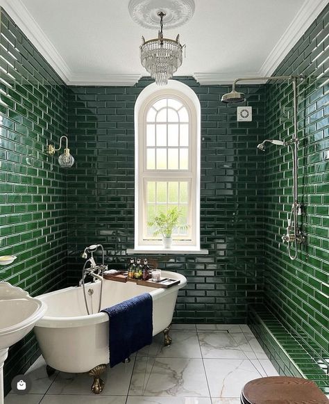 Edwardian Bathroom, Dark Green Bathrooms, Green Tile Bathroom, Art Deco Bathroom, Small Bathroom Makeover, Stunning Bathrooms, Gorgeous Bathroom, Bathroom Inspiration Decor, Green Tile