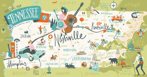 Greetings from Tennessee on Behance Mountain Scrapbook, Map Of Tennessee, Maps Illustration Design, Philly Special, Maps Illustration, Wedding Maps, Craft Beer Packaging, Nashville Music City, Tennessee Map