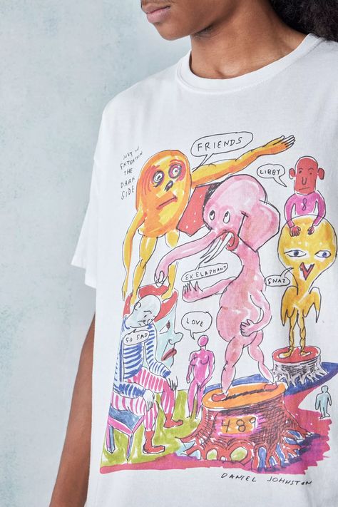 Sketched cartoon graphics by musician and artist Daniel Johnston complete this short sleeve tee. Features a crew neck, drop shoulders and short sleeves. Daniel Johnston, Cartoon T Shirts, Just Friends, Striped Tee, Sleeve Designs, Shirt Shop, Bold Colors, Mens T, Tshirt Print