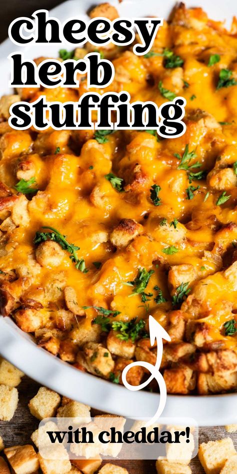 A non traditional stuffing. This Cheesy Herb Stuffing recipe has dill, chives and fresh parsley along with a buttery, savory flavor. Traditional Stuffing, Herb Stuffing, Quick Salads, Stuffing Recipes, Best Appetizers, Fresh Parsley, Parsley, Gluten Free Recipes, Beef Recipes