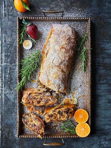 Anything goes Christmas strudel | Jamie Oliver recipes Jamie Oliver Christmas, Ginger Nut Biscuits, Filo Pastry, Jamie Oliver Recipes, Ginger Nut, Xmas Food, Mince Pies, Christmas Cooking, Christmas Pudding