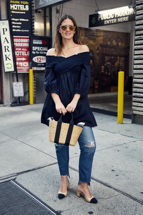 On Fashion Director Hannah Weil McKinley: Zara top, Citizens of Humanity jeans, Muun bag, Chanel shoes, and Westward Leaning sunglasses. Muun Bag, Dress Over Pants, Fashion Director, Bag Chanel, Citizens Of Humanity Jeans, Straw Bags, Zara Top, Citizens Of Humanity, Chanel Shoes