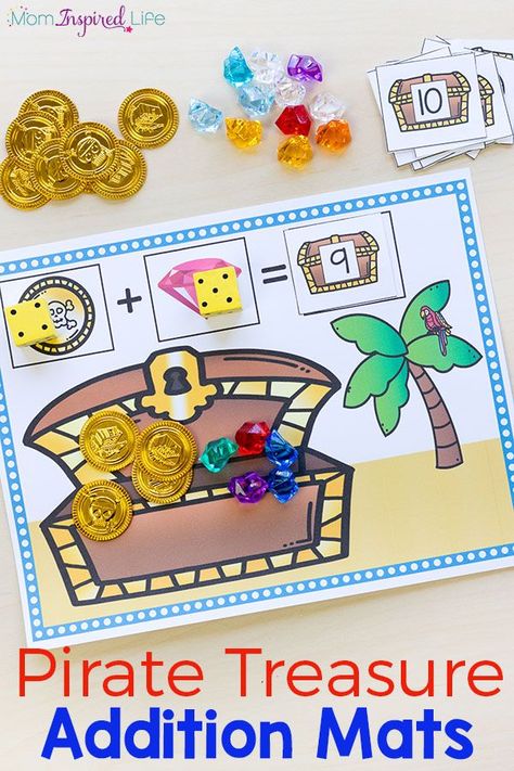 These pirate treasure addition mats make learning math hands-on and engaging! Pirate Maths Activities, Addition Mats, Pirate Maths, Pirate Play, Pirate Unit, Summer Kindergarten, Pirate Activities, Pirate Coins, Pirate Crafts