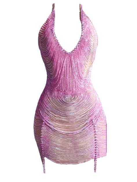 Pink rhinestone embellished dress with sheer front. Night Out Dress Aesthetic, Hock Dress, Pink Rhinestone Dress, Egirl Clothing, Baddie Dresses, Strapless Ruffle Dress, Performance Outfits, Preformance Outfits, Glam Outfit