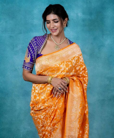 Simple Blouses, Blouse Necklines, Orange Saree, Fashionable Saree Blouse Designs, Fancy Sarees Party Wear, Latest Designer Sarees, Banarasi Silk Saree, Silk Saree Blouse, Kurta Designs Women