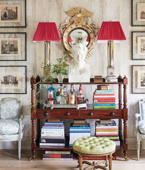 Designer Q&A: Matthew Monroe Bees - Southern Home Magazine Kips Bay Showhouse, Amy Howard, English Interior, Pile Of Books, Southern Home, Bar Areas, House And Home Magazine, Mini Bar, Beautiful Table