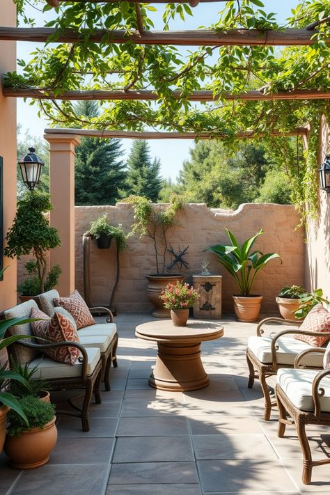 Ready to give your outdoor space a stunning makeover? Check out these 15 beautiful Mediterranean patio ideas that will help you create a sunny escape right in your backyard. From chic lounge areas to vibrant plant arrangements, discover how to elevate your outdoor experience. Perfect for gatherings, social events, or peaceful retreats, these inspirations will spark your creativity and guide you toward designing a getaway that feels like a vacation at home. Spanish Style Patio Outdoor Spaces, Mediterranean Outdoor Patio, Living Room Gallery Wall Ideas, Mediterranean Patio Ideas, Chic Gallery Wall, Gallery Wall Tips, Joyful Gatherings, Living Room Gallery Wall, Mediterranean Patio