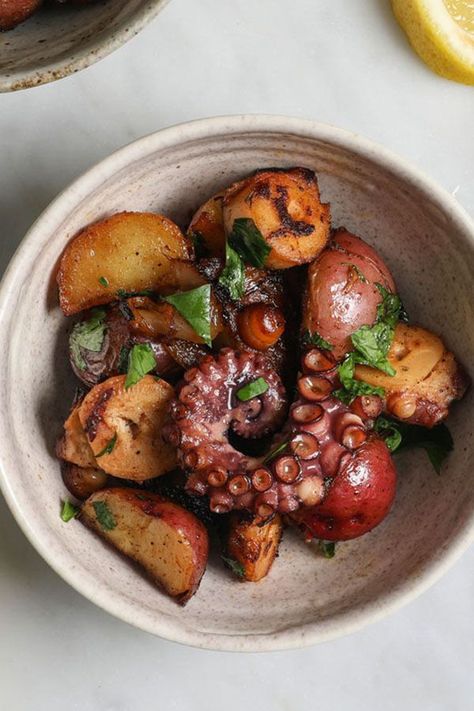 Chrissy Potatoes, Octopus And Potatoes Recipe, Crispy Octopus, Spanish Octopus Recipe, Meze Recipes, Octopus Recipe, Easy Oven Recipes, Octopus Recipes, Party Food Bar