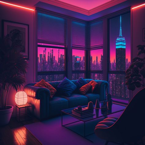 Synthwave Interior Design, Cyberpunk Aesthetic Interior, Anime Apartment Aesthetic, Cyberpunk Apartment Interior Design, Synthwave Bedroom, Cyberpunk Room Aesthetic, Synthwave Decor, Cyberpunk House Interior, Minimalist Cyberpunk