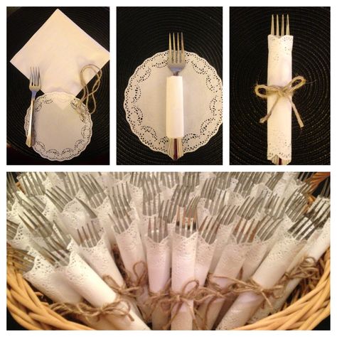 The dessert forks are wrapped and ready for the 75th anniversary party!!!  Fork & napkin, wrapped in paper doily and tied with twine!!! Wrapping Utensils In Napkins Party Ideas, How To Wrap Silverware In Paper Napkins Wedding Ideas, Wrapped Silverware In Napkins Wedding, Cutlery Wrapped In Napkin Diy, Silverware For Wedding Wrapped, How To Wrap Utensils In Paper Napkin, Wrapped Silverware, Paper Lace Doilies, Recuerdos Primera Comunion Ideas