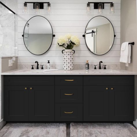 The Black Shaker 60" vanity double sink base cabinet with three 12" drawers in the middle. The two 24" sections on either side of the drawer bank include double doors and a single false drawer front to accommodate a drop in sink top. Dimensions: 60" W x 34.5" H x 21" D ***Listing is for the vanity only. Countertops and door/drawer pulls are not included. Sample doors are available and recommended so you can see the finish in person. Black Vanity With Silver Hardware, Black Vanity Gold Hardware Powder Room, 60 Inch Vanity Double Sink Modern, Master Bath 2 Vanities, Bathroom Ideas Countertops, Dual Sink Vanity Master Bath, Black Vanity Sink, Bathroom Black Cabinets White Counter, Master Bath Stained Cabinets