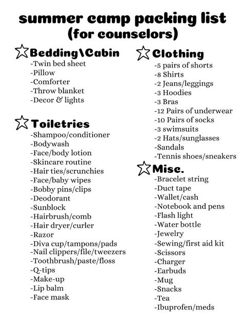 Summer Camp Packing Aesthetic, 4h Camp Packing List, Uca Cheer Camp Packing List, Summer Camp Counselor Packing List, Camp Counsellor Outfits, Bible Camp Packing List, What To Bring To Summer Camp, Church Camp Packing List For Teens, Camp Counselor Tips