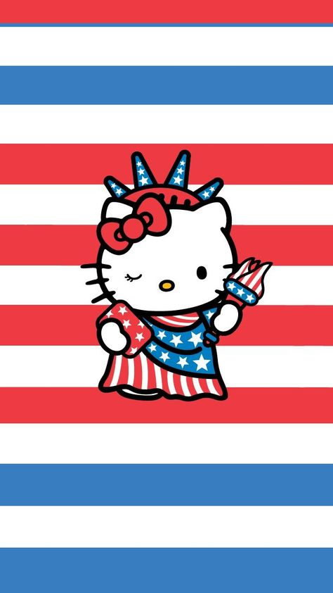 USA Hello Kitty Lady Liberty w/red, white, & blue stripes. Patriotic Wallpaper, 4th Of July Wallpaper, Patriotic Background, Images Hello Kitty, Hello July, Hello Kitty Dress, Hello Kitty Art, Hello Kitty Iphone Wallpaper, Lady Liberty