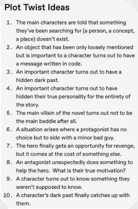 Plot twists. Important Things To Know About Your Character, Jobs For Fictional Characters, Wattpad Story Writing Tips, Fantasy World Prompts, Fictional Writing Prompts, World Building Prompts, Tips For Writing Fantasy Novels, Fantasy World Building Tips, Fantasy Book Writing Tips