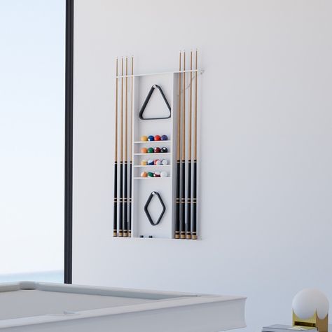 Our all-white custom wall rack available for order now. #wallrack #gameroom #custommade Art Deco Pool, Outdoor Pool Table, Modern Pool Table, Pool Table Dining Table, Cue Rack, Shuffleboard Table, Chess Table, Modern Pools, Wall Rack