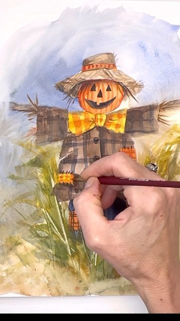 Artist/designer/ Illustrator on Instagram: "Having fun with Fall - nothing like a silly scarecrow to bring out the fun. This is an exclusive tutorial on my Patreon - link in profile. Having fun is the name of the game when it comes to creating. . . . . . . #watercolor #watercolorpainting #watercolorartist #reel #carveouttimeforart #watercolorartist" Easy Scarecrow Painting, Watercolor Scarecrow, Scarecrow Watercolor Painting, Scarecrow Watercolor, Fall Paintings On Canvas Easy Scarecrow, Scarecrow Inktober, Scarecrow Canvas Painting, Fall Scarecrows, Linked In Profile