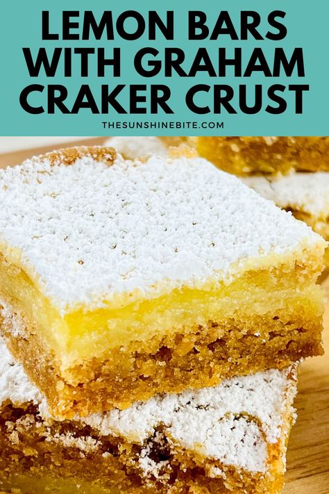 These Lemon Bars with Graham Cracker Crust will brighten your day with their zesty charm! The buttery graham cracker crust has a crunchy base, while the lemon filling has a burst of refreshing flavor. There's simple preparation and minimal ingredients. Lemon And Graham Cracker Dessert, Easy Lemon Bars With Graham Cracker Crust, Lemon Bars Graham Cracker Crust, Lemon Squares With Graham Cracker Crust, Lemon Bars With Graham Cracker Crust, Recipes With Graham Cracker Crust, Dessert With Graham Crackers, Graham Bars, Bars With Graham Cracker Crust