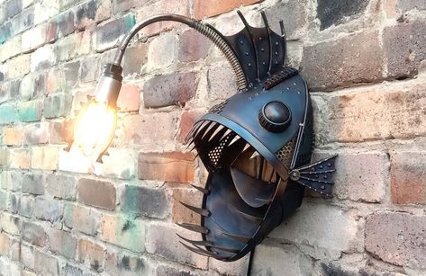 Fish Lamp, Apocalyptic Fashion, Electric Lamp, Metal Fish, Angler Fish, Lighting Wall, Fish Sculpture, Metal Garden Art, Relief Sculpture