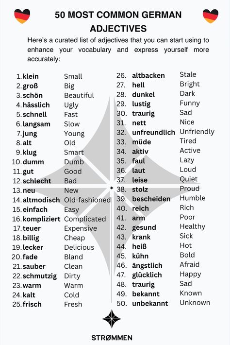 THE 50 MOST COMMON GERMAN ADJECTIVES Adjectives In German, German Basic Vocabulary, German Word Of The Day, German Vocabulary B2, Common German Phrases, How To Learn German Fast, German Vocabulary List A1-a2, German Learning Tips, German Worksheets For Beginners