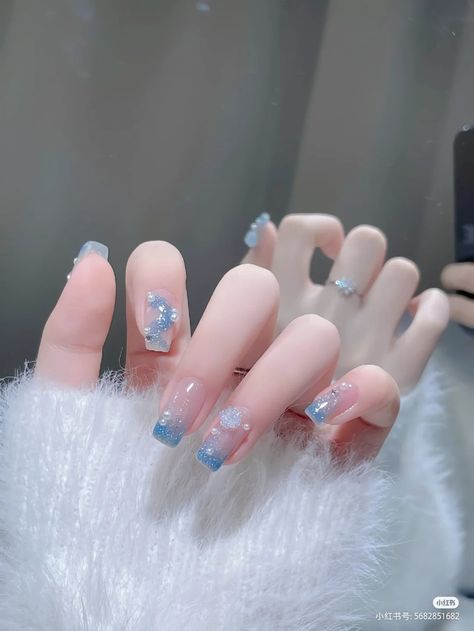 Nail Colors Light Blue, Nail Colors Light, Cute Nails Korean, Powder Blue Nails, Nails Korean, Sky Blue Nails, Summer Nail Colors, Light Blue Nails, Hello Nails