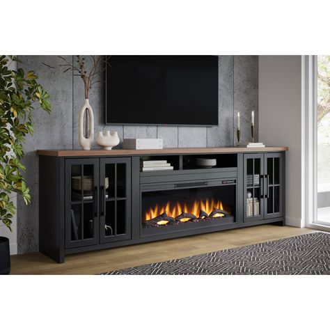 Brixham 97 inch Fireplace TV Stand Console for TVs up to 100 inches, Two-Tone Finish 100 Inch Tv Wall, Living Room With Wall Mounted Tv, Modern Freestanding Fireplace, Large Tv Stand Ideas For Living Room, Fireplace Entertainment Center Ideas, Tv Stand Fireplace Ideas Living Rooms, 86 Inch Tv In Living Room, Electric Fireplace Console Living Rooms, Fireplace Tv Stand Decor Ideas