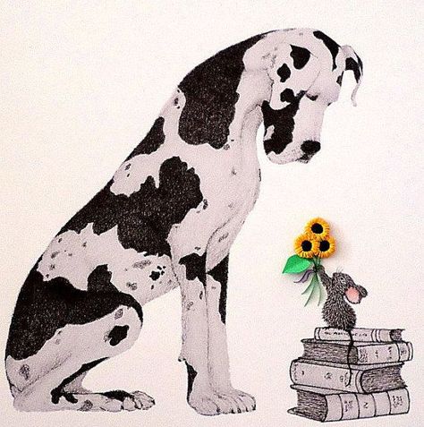 Great Dane Drawing, Holding Flower Bouquet, Great Dane Art, Pet Tattoo Ideas, Pet Tattoos, Little Mouse, Dog Print Art, Baby Mouse, Quilling Designs