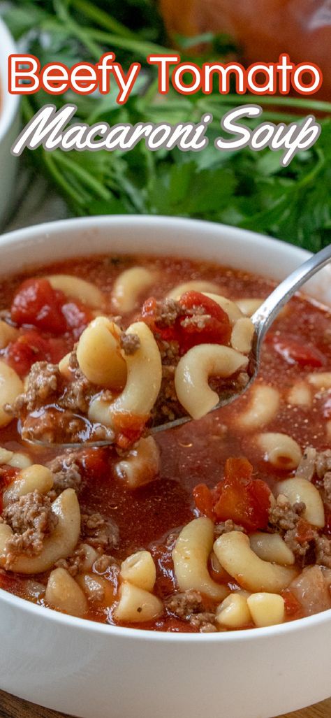 This ground beef, macaroni and tomato soup is pure comfort food just like Grandma used to make! It's easy, ready in 30 minutes and SO delicious! Tomato Macaroni Soup Recipe, Tomato Macaroni Soup, Macaroni Beef, Tomato Macaroni, Macaroni Soup Recipes, Beef Macaroni, Macaroni Soup, Quick Soup, Favorite Soups