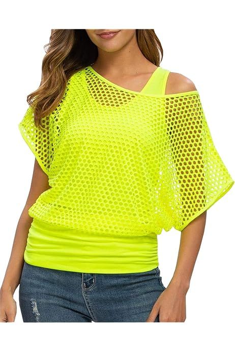 Smile Fish Women Casual Sexy 80s Costumes Fishnet Neon Off Shoulder T-Shirt, 1piece Hotpink, M : Amazon.co.uk: Health & Personal Care Ropa Color Neon, 80s Costumes, Fishnet Shirt, 1980s Fashion Women, 80s Fancy Dress, Neon Leggings, Tri Delt, 80s Neon, 80s Costume