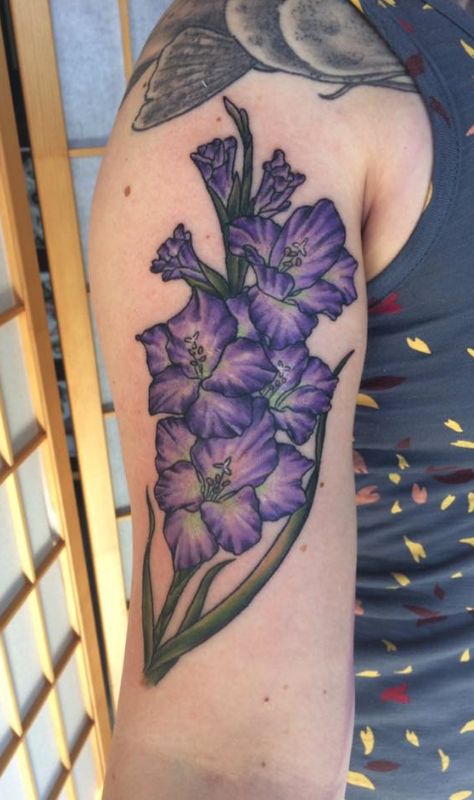 Purple Gladiolus Tattoo, Gladiolus And Violet Flower Tattoo, Gladiolus Heart Tattoo, Traditional Gladiolus Tattoo, Gladiolus Tattoo Color, Gladiolus Tattoo, Purple Flower Tattoos, Gladiolus Flower, Flower Sleeve