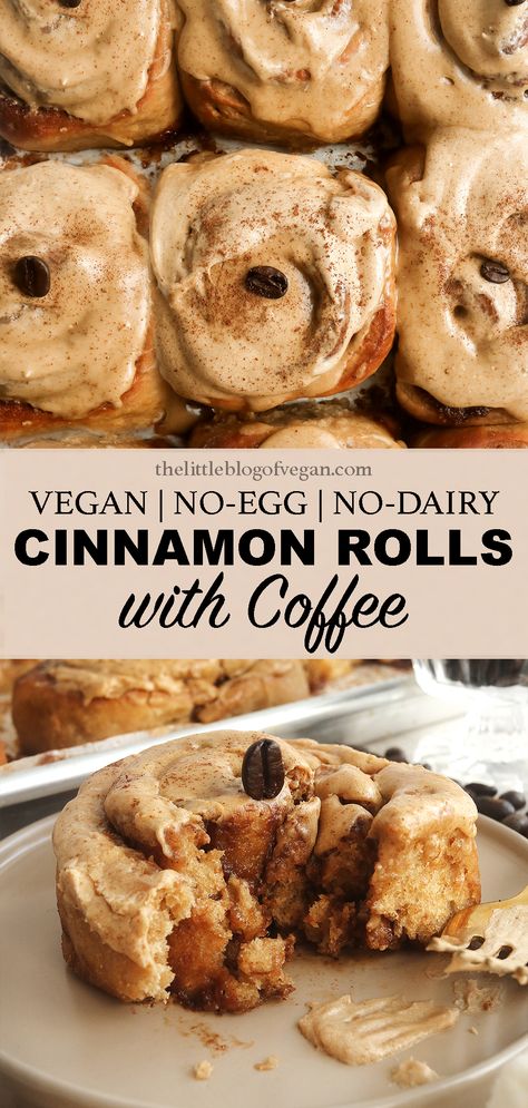 Tall pinterest pin of vegan coffee cinnamon rolls Dairy Free Cinnamon Rolls, Cinnamon Filling, Vegan Tiramisu, Vegan Coffee, Vegan Cinnamon Rolls, Vegan Baking Recipes, Dairy Free Cream, Cream Cheese Glaze, Vegan Cake Recipes