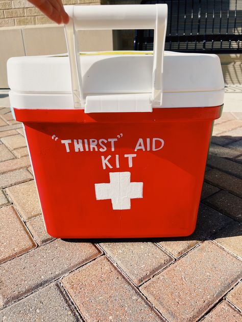 Fraternity cooler thirst aid kit idea inspo going away formal Frat Coolers Formal Pike, Easy Frat Coolers Ideas, Nashville Cooler, Frat Coolers Ideas Formal, Sae Cooler, Frat Coolers Ideas, College House Ideas, Paddy Murphy, Painted Fraternity Coolers