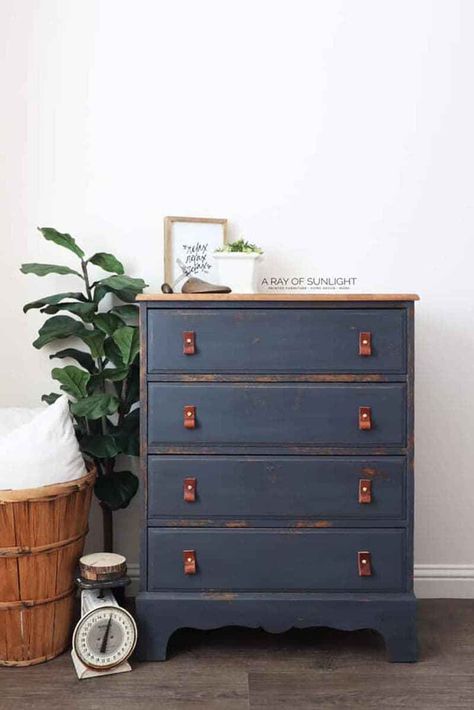 Charming and Chic Farmhouse Thrift Store Makeovers - The Cottage Market Before And After Furniture Makeover, Diy Leather Pulls, Best Paint For Wood, Farmhouse Thrift Store Makeovers, Chippy Painted Furniture, Monkey Wood, Side Table Makeover, Blue Diy, Diy Dresser Makeover