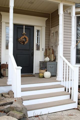 Dark Gray Front Porch Steps, Painting Front Porch Wood, Front Porch Step Ideas Entrance, Two Tone Porch Colors, Tan House Front Porch, Small Front Porch With Railing, Front Door With Side Light, Painted Front Steps Wood, Painted Front Porch Wood