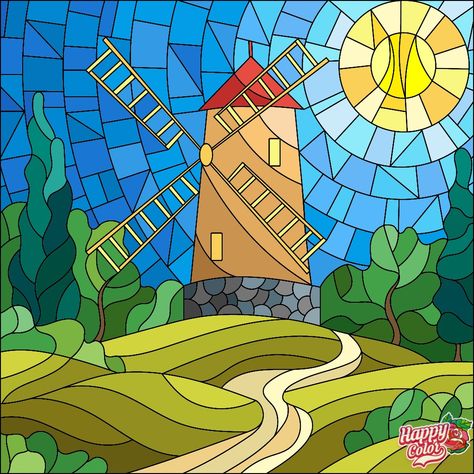 Molino de viento Glass Painting Designs, Stained Glass Paint, Colouring Pics, Watercolor Pictures, Cat Posters, Architecture Sketch, Stained Glass Mosaic, Glass Mosaic, Happy Colors