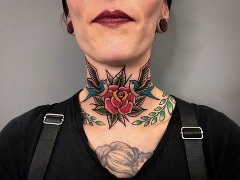 Traditional Tattoo Neck, Traditional Back Tattoo, Rose Neck Tattoo, Flower Neck Tattoo, Front Neck Tattoo, Best Neck Tattoos, Side Neck Tattoo, Throat Tattoo, Tattoo Old School