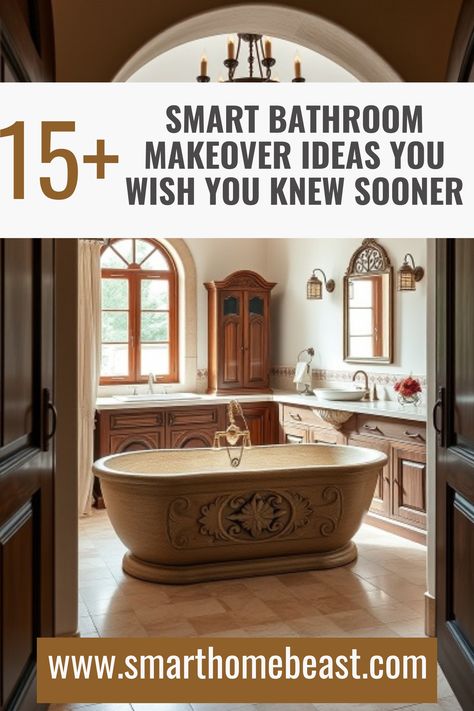 An image featuring a variety of smart bathroom makeover ideas, showcasing modern and luxurious designs, space-saving solutions, and stylish transformations perfect for all bathroom styles. Smart Bathroom Ideas, Bathroom Makeover Ideas, Smart Bathroom, Small Space Solutions, Makeover Ideas, Saving Ideas, Bathroom Makeover, Luxury Bathroom, Bathroom Remodel